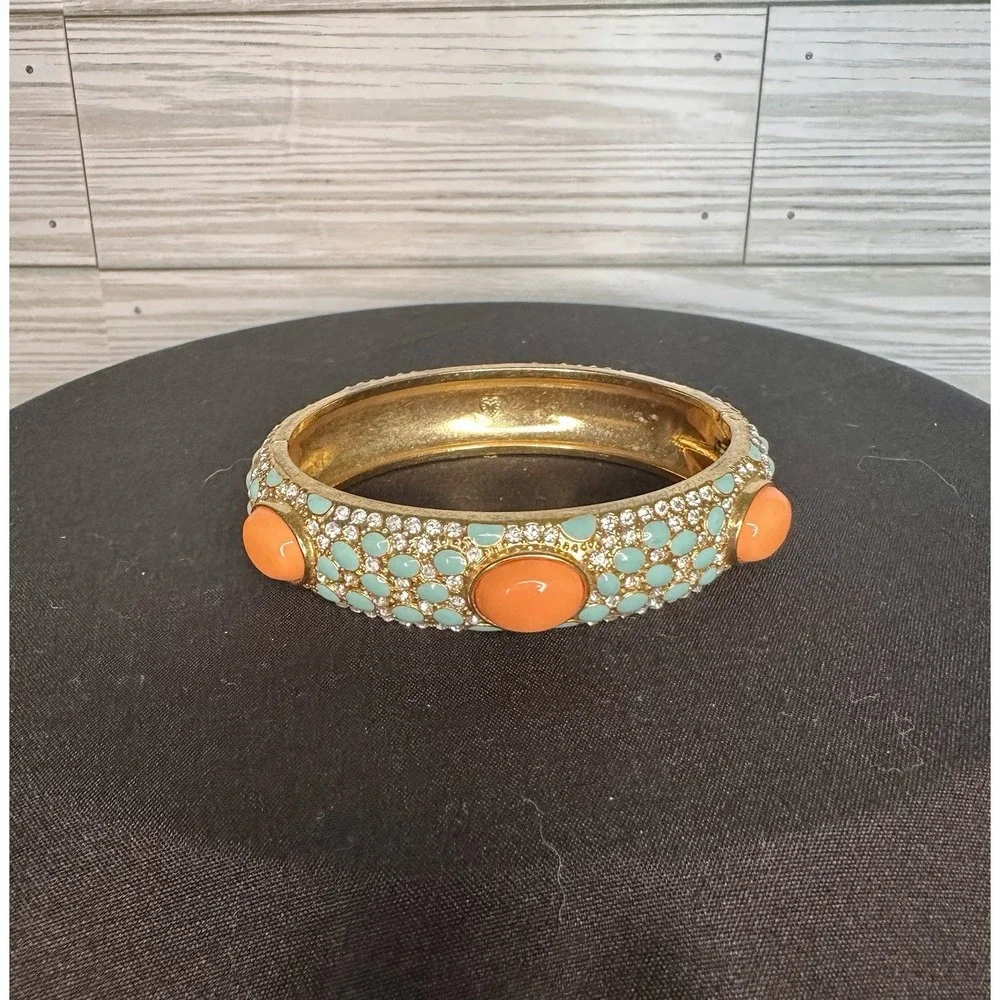 Stella & Dot Coral & Turquoise Hinged Bracelet Cabochon & Rhinestone Clamper 7